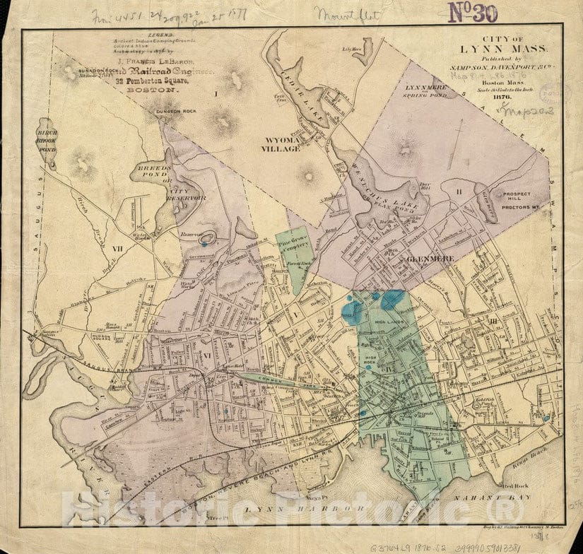 Historical Map, 1876 City of Lynn, Mass, Vintage Wall Art