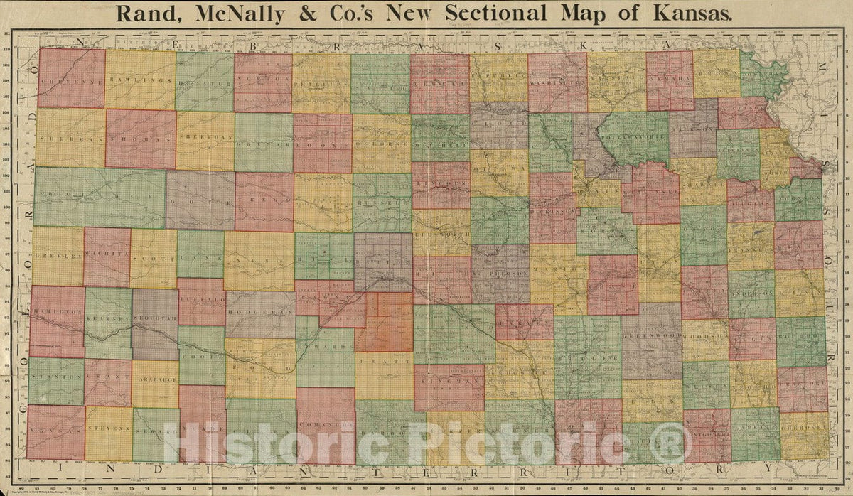 Historical Map, ca. 1879 Rand, McNally & Co.'s New sectional map of Kansas, Vintage Wall Art