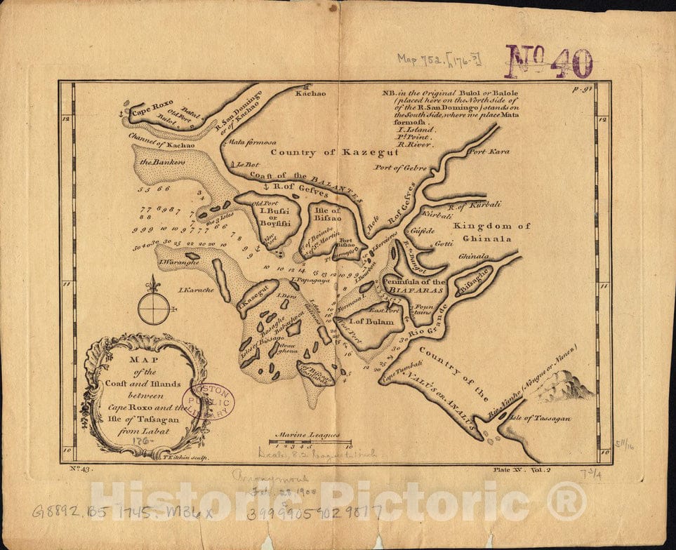 Historical Map, 1745-1747 Map of the coast and islands between Cape Roxo and the Isle of Tassagan, Vintage Wall Art