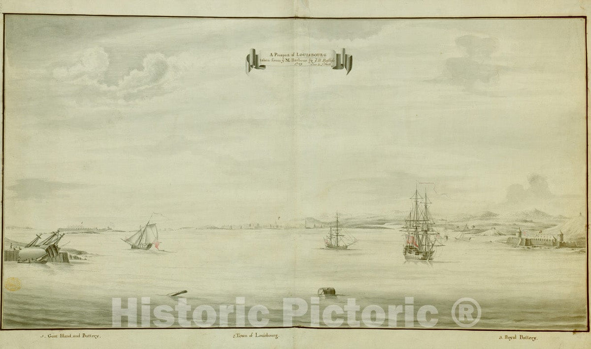 Historical Map, 1749 A Prospect of LOUISBOURG Taken from ye NE Harbour, Vintage Wall Art