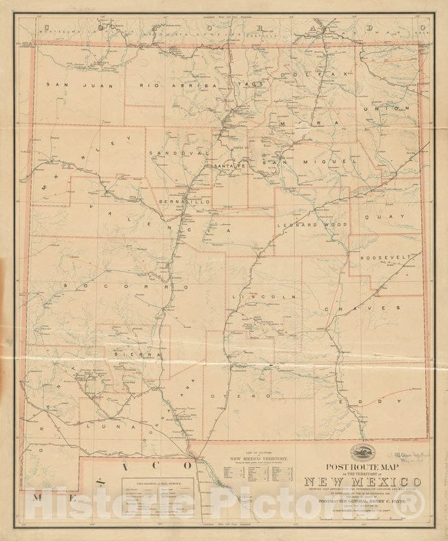 Historical Map, 1903 Post route map of the territory of New Mexico showing post offices with the intermediate distances and mail routes in operation on the 1st of December, 1903, Vintage Wall Art