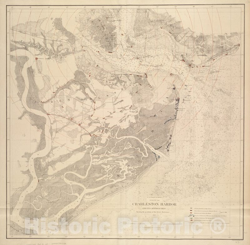 Historical Map, 1863 Charleston Harbor and its approaches Showing The Positions of The Rebel Batteries, Vintage Wall Art : 5133023