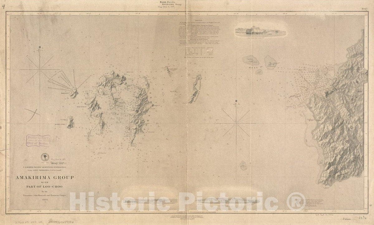Historical Map, U.S. North Pacific Surveying ExpeditionAmakirima Group with Part of Loo-Choo by The Vincennes, John Hancock and Fenimore Cooper, 1855, Vintage Wall Art