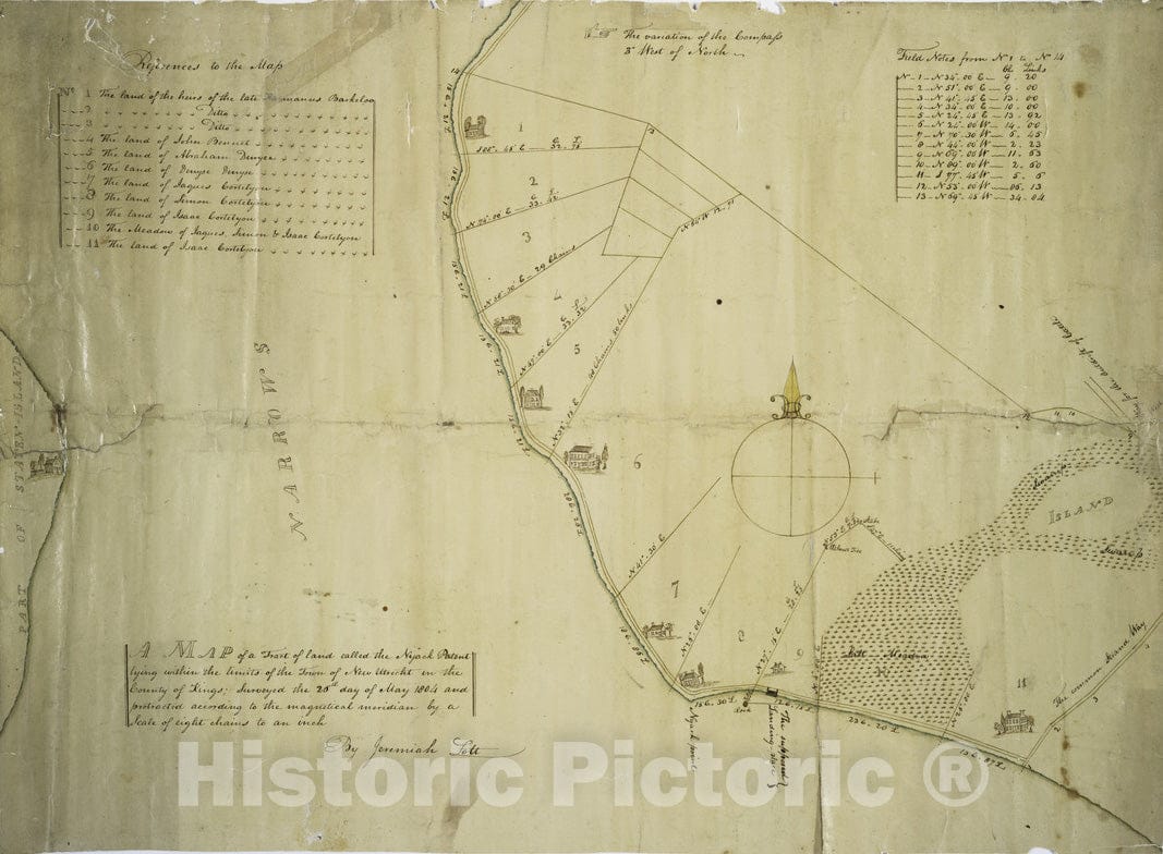 Historical Map, 1804 Map of a tract of land called the Nyack Patent lying within the limits of the town of New Utrecht in the County of Kings, Vintage Wall Art