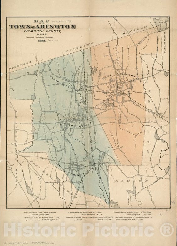 Historical Map, 1873 Map of The Town of Abington Plymouth County, Mass, Vintage Wall Art