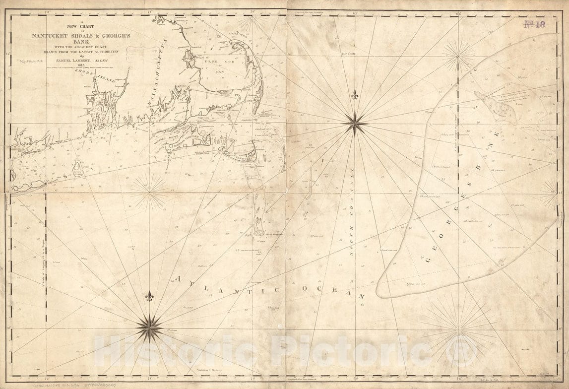 Historical Map, 1813 A New Chart of Nantucket Shoals & George's Bank with The Adjacent Coast, Vintage Wall Art