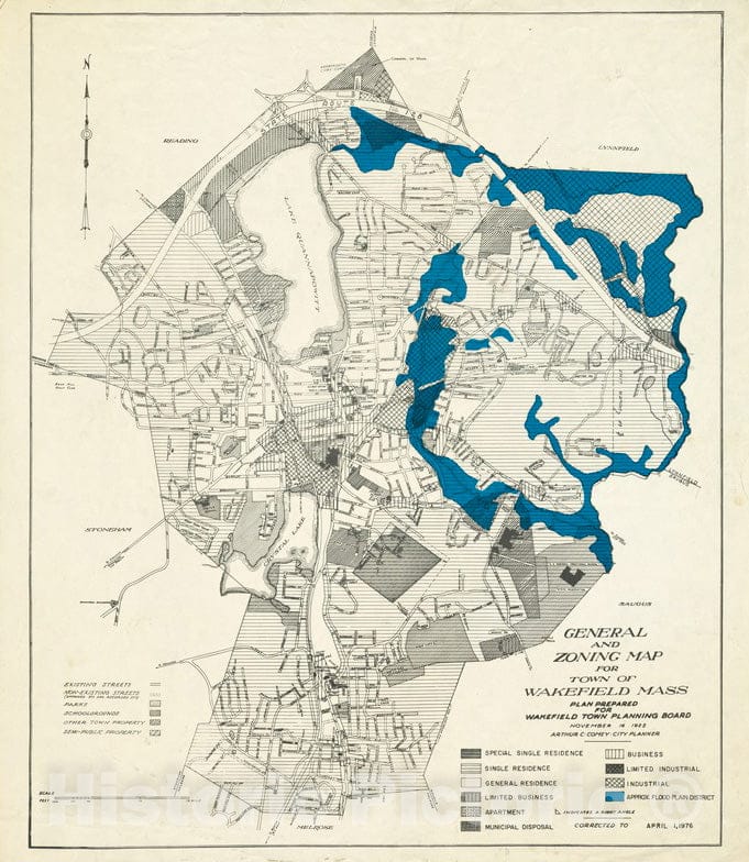 Historical Map, 1976 General and zoning map for Town of Wakefield Mass, Vintage Wall Art