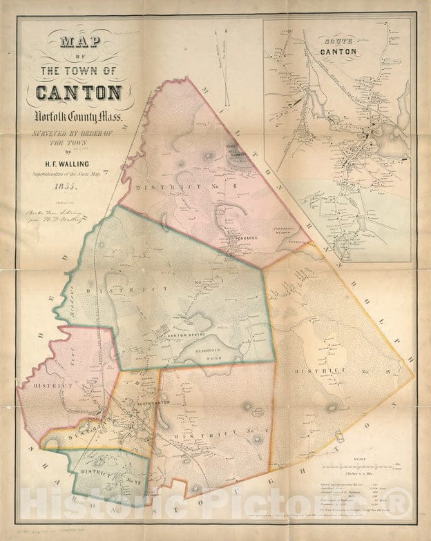 Historical Map, 1855 Map of the town of Canton, Norfolk County, Mass, Vintage Wall Art