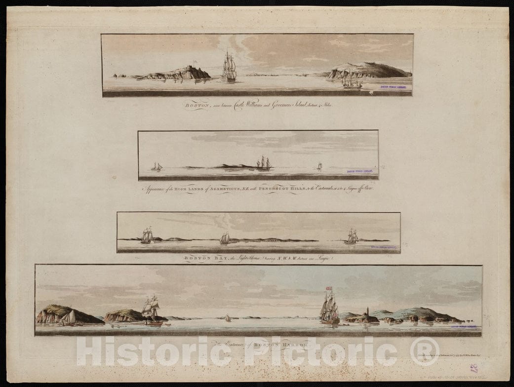 Historical Map, 1777 Boston, seen Between Castle Williams and Governor's Island, Distant 4 Miles : Appearance of The high Lands of Agameticus, N.E. with Penobsco, Vintage Wall Art