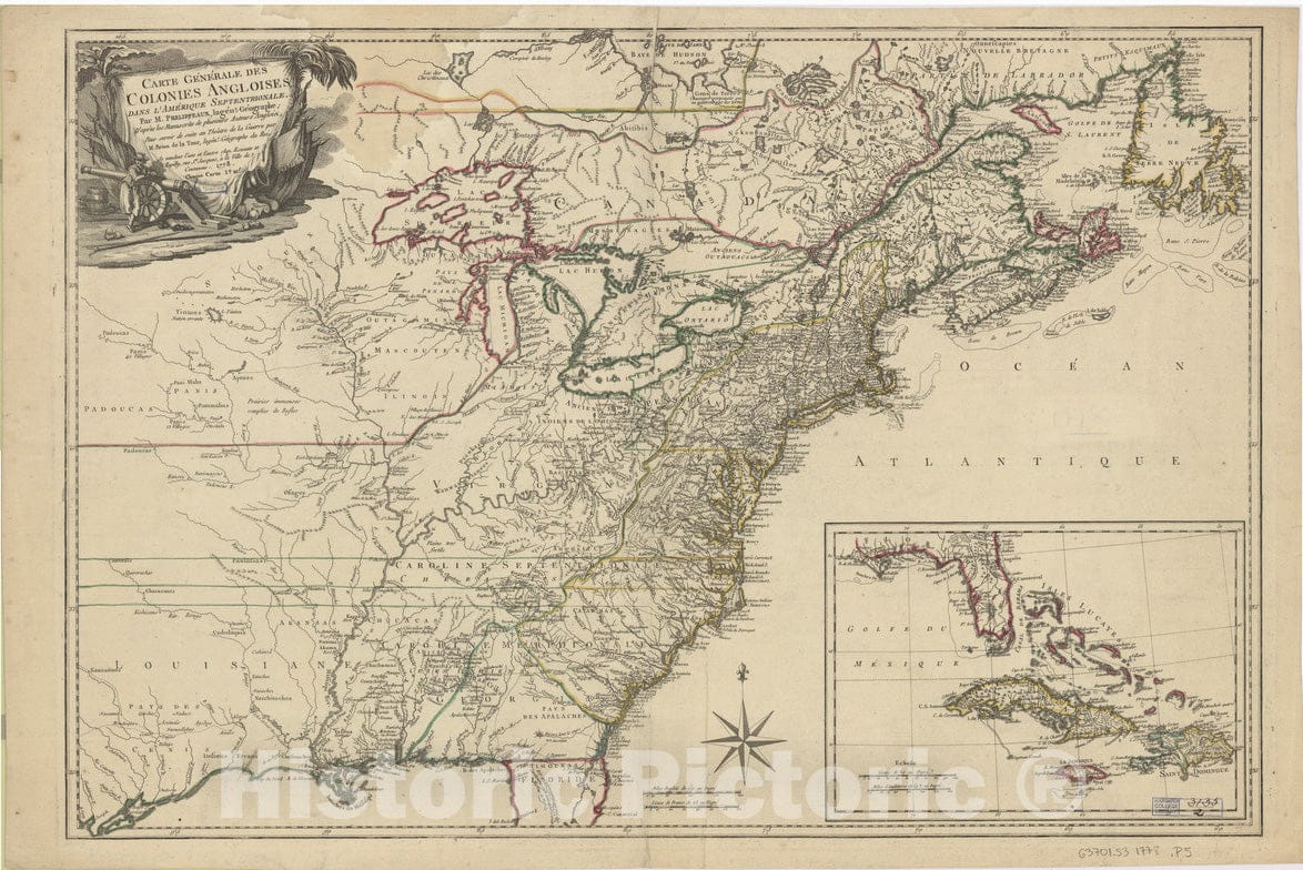 Historical Map, 1778 Carte generale des Colonies Angloises : Dans l'Amerique Septentrionale, Vintage Wall Art