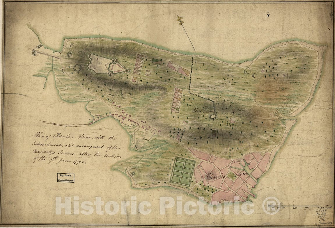 Historical Map, Plan of Charles Town, with the intrenchments, and encampment of His Majesty's troops, after the action of the 17th. June 1775, Vintage Wall Art