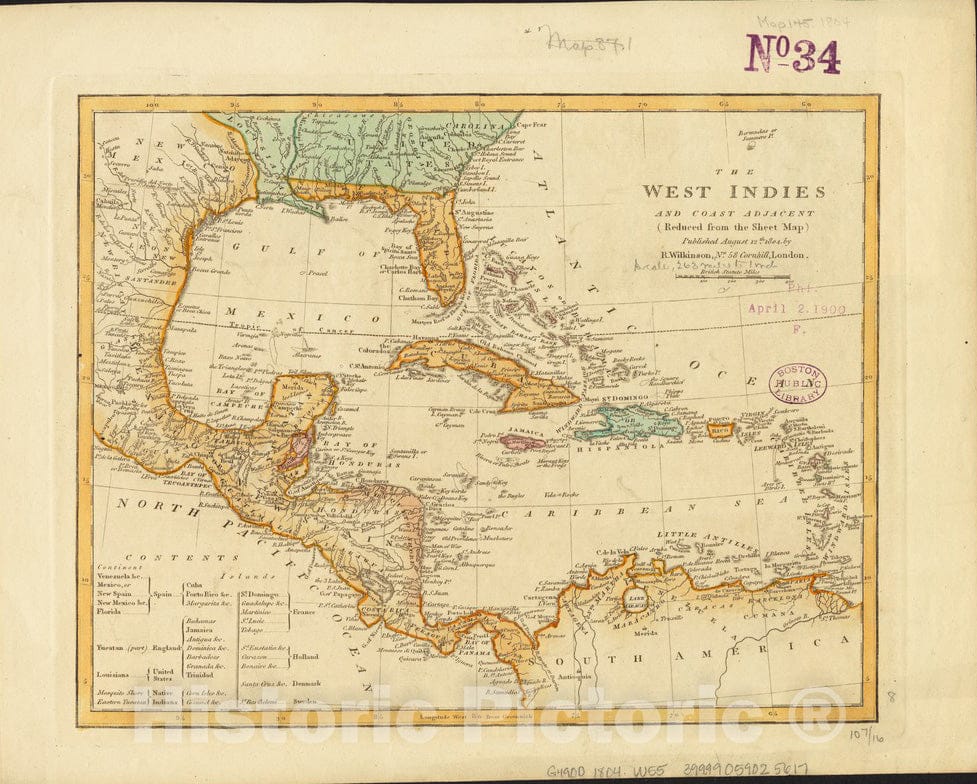 Historical Map, 1804 The West Indies and Coast Adjacent : Reduced from The Sheet Historical Map, Vintage Wall Art