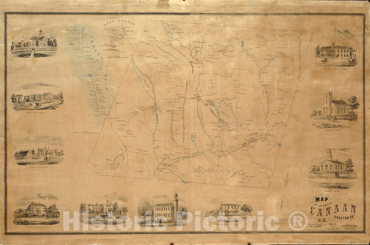 Historical Map, 1855 Map of The Town of Canaan N.H : Grafton Co, Vintage Wall Art
