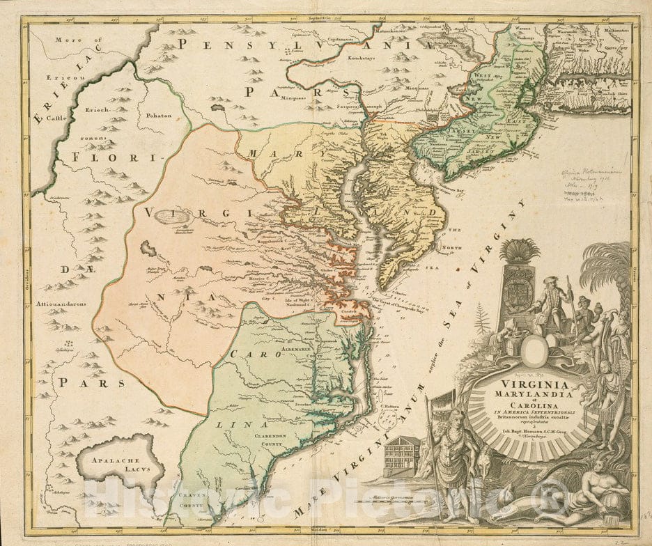 Historical Map, 1700-1799 Virginia Marylandia et Carolina in America septentrionali Brittannorum industria exculta, Vintage Wall Art