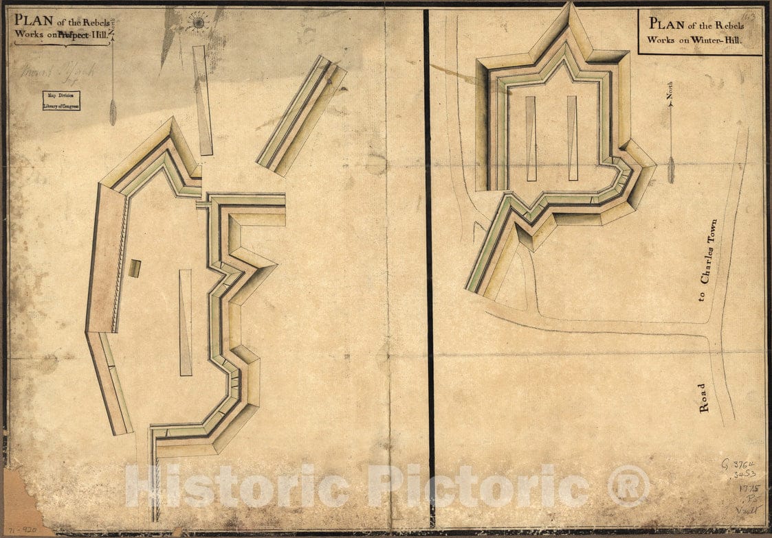 Historical Map, 1775 Plan of The Rebels Works on Prospect-Hill : Plan of The Rebels Works on Winter-Hill, Vintage Wall Art