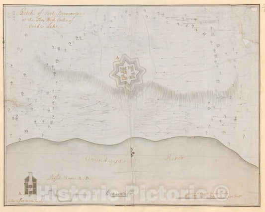 Historical Map, 1759 Sketch of Fort Brewerton at The The West End of Onide Lake, Vintage Wall Art