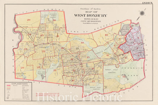 Historical Map, 1905 Outline and Index map of West Roxbury, wards 22 & 23, City of Boston, Vintage Wall Art