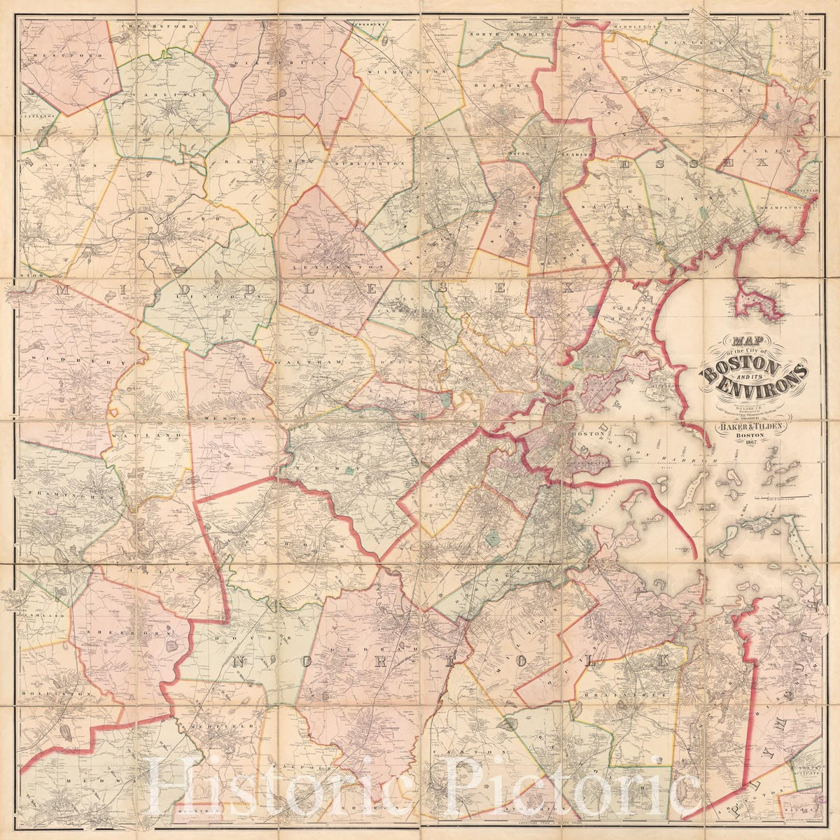 Historical Map, 1867 Map of The City of Boston and its Environs, Vintage Wall Art