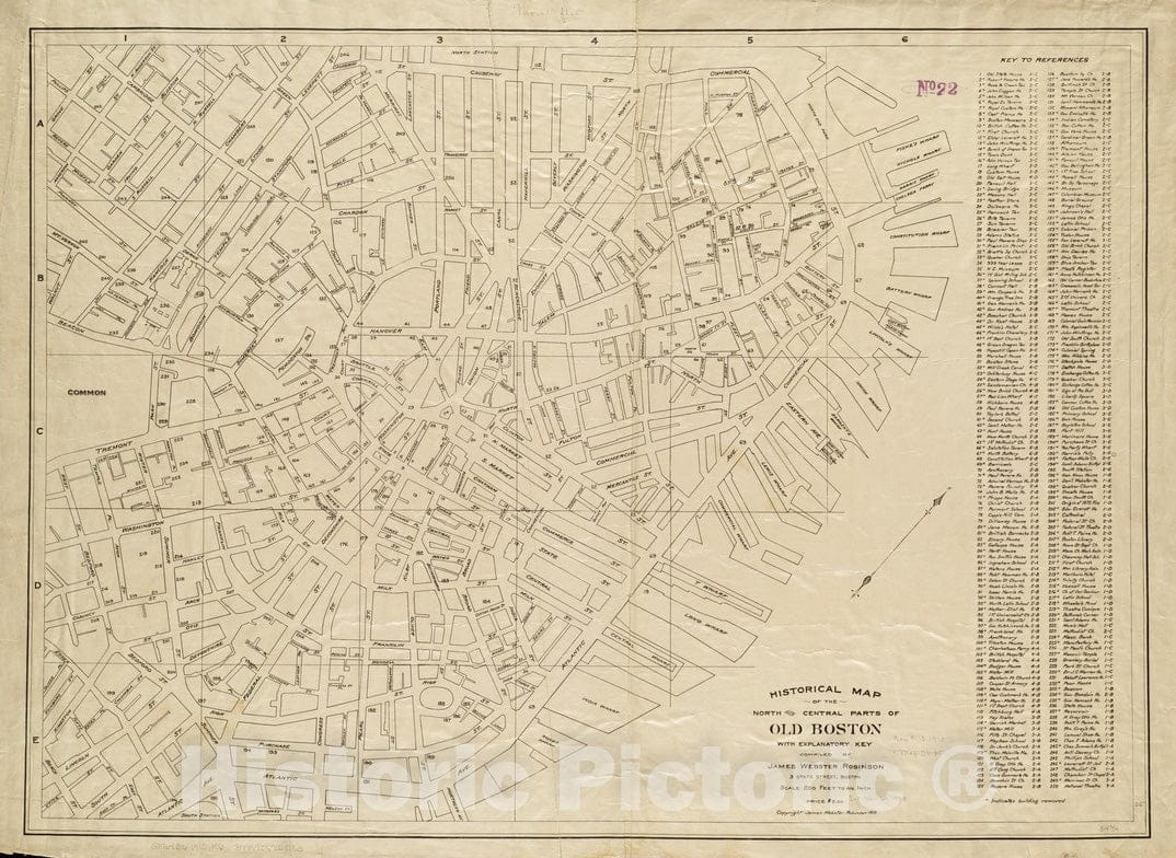 Historical Map, 1910 Historical map of The North and Central Parts of Old Boston : with exPlanatory Key, Vintage Wall Art