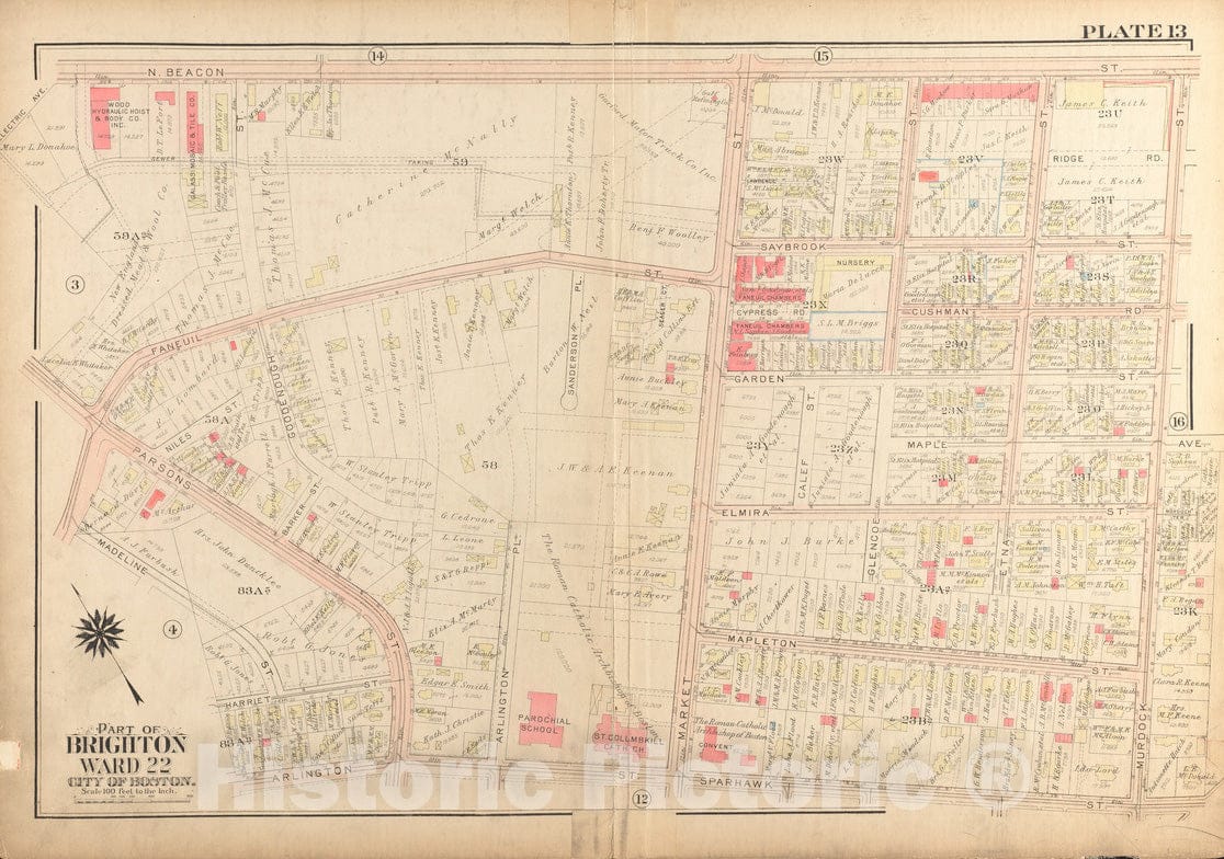 Historical Map, 1925 Atlas of The City of Boston, Brighton : Plate 13, Vintage Wall Art
