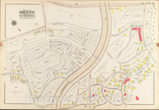 Historical Map, 1909 Atlas of The City of Boston, Ward 25, Brighton : Plate 11, Vintage Wall Art