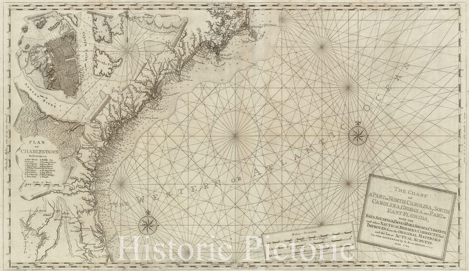 Historical Map, 1784 The Coast of a Part of North Carolina, South Carolina, Georgia and Part of East Florida, with The Bays, soundings, Banks, roks, Shoals, Vintage Wall Art