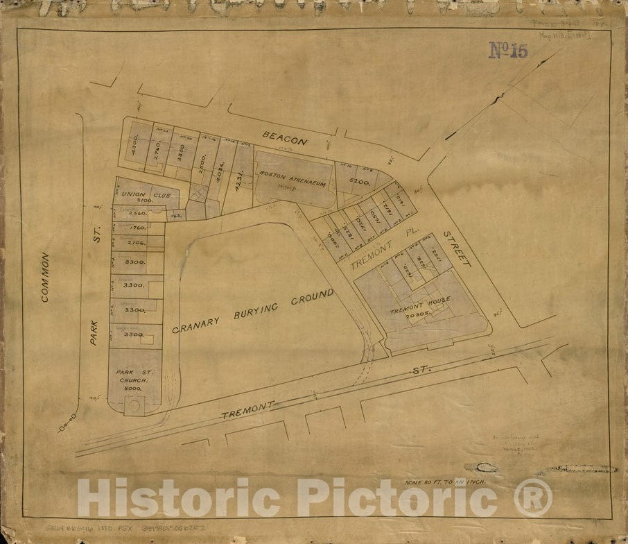 Historical Map, 1880-1890 [Plan of Lots on Park, Beacon and Tremont Streets in Boston], Vintage Wall Art