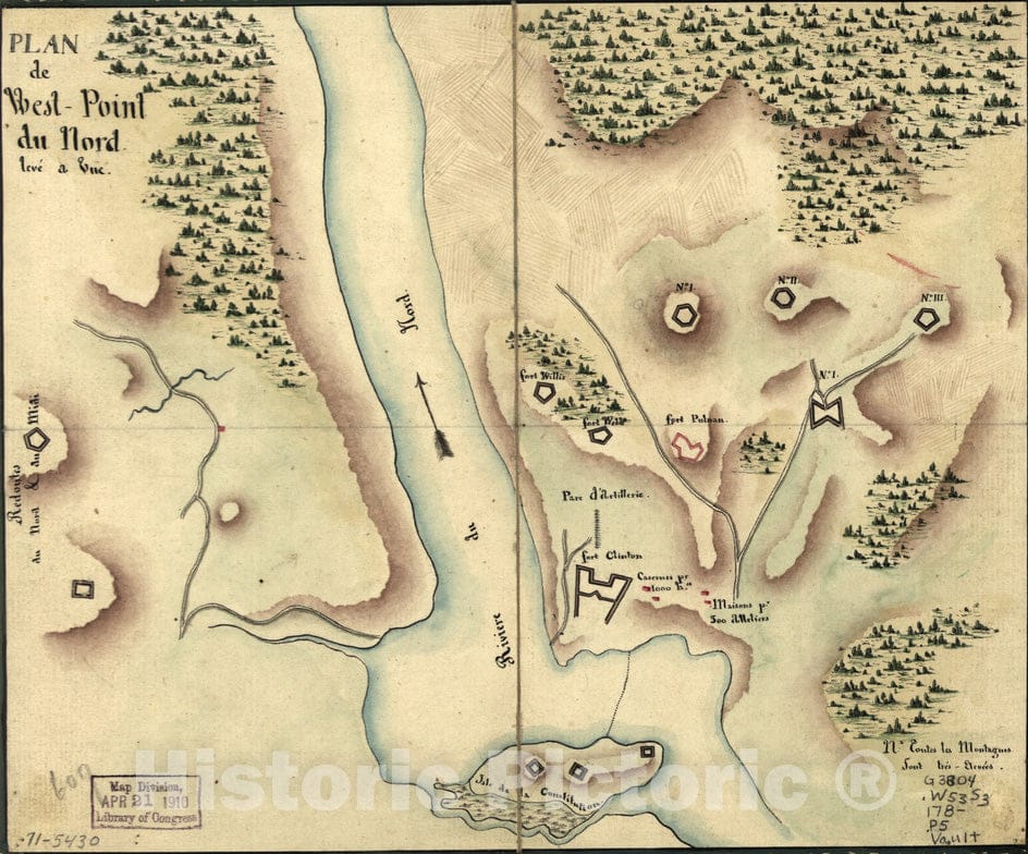 Historical Map, 1780-1789 Plan de West-Point du nord, leveI a vue, Vintage Wall Art