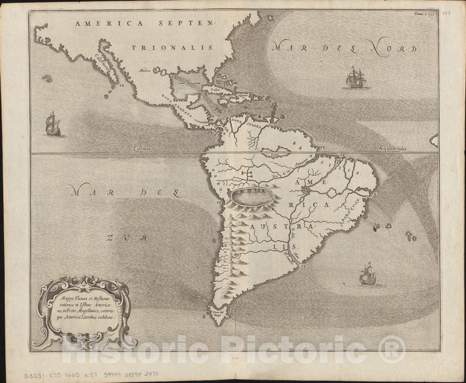 Historical Map, 1665-1678 Mappa fluxus et refluxus rationes in isthmo Americano, in Freto Magellanico, caterisque America litoribus exhibens, Vintage Wall Art