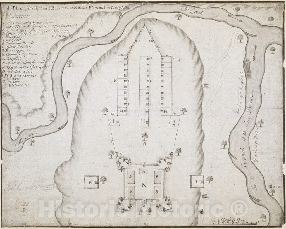 Historical Map, 1755 A Plan of The Fort and Barracks at Mount Pleasant in Maryland, Vintage Wall Art
