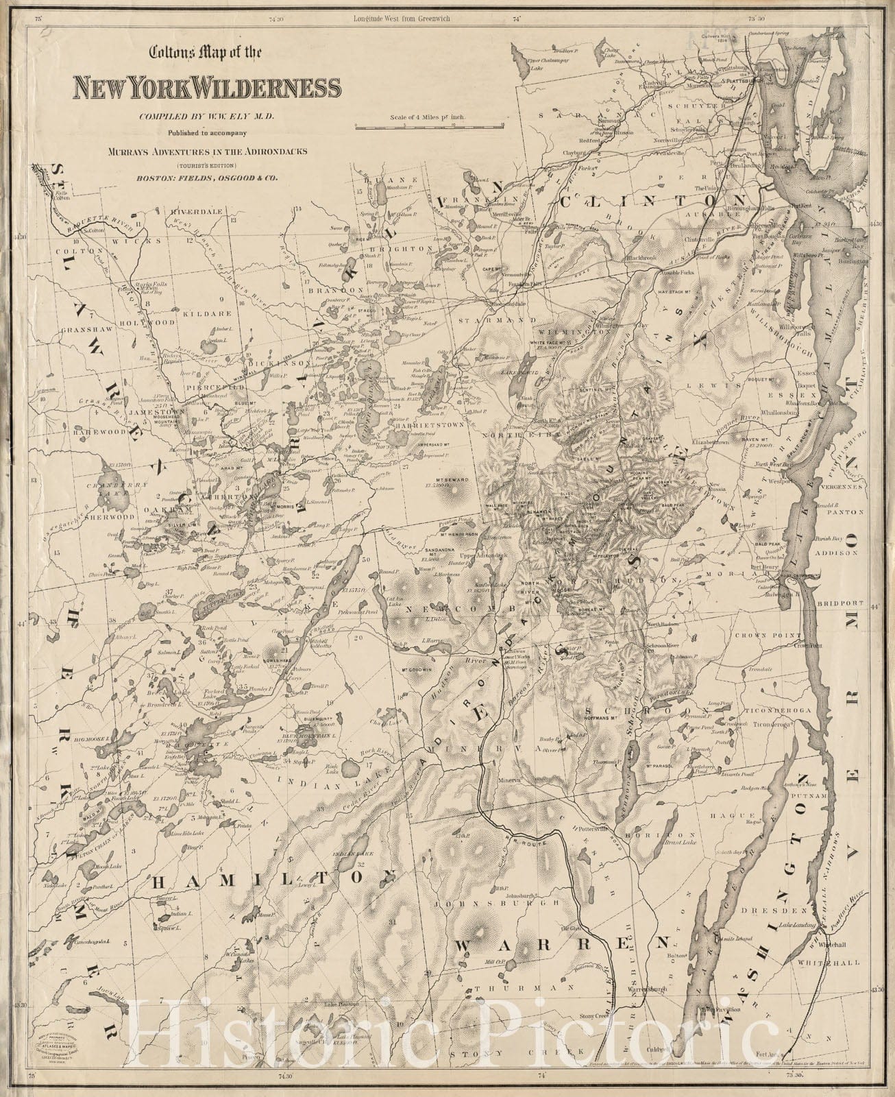 Historical Map, 1869 Colton's Map of The New York Wilderness, Vintage Wall Art