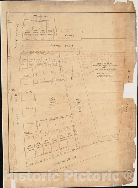 Historical Map, 1843 [Plan of Lots on Beacon Street and Somerset Court, Boston], Vintage Wall Art