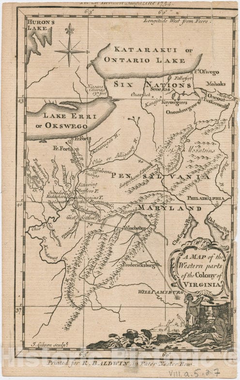 Historical Map, 1754 Map of the western parts of the colony of Virginia, Vintage Wall Art