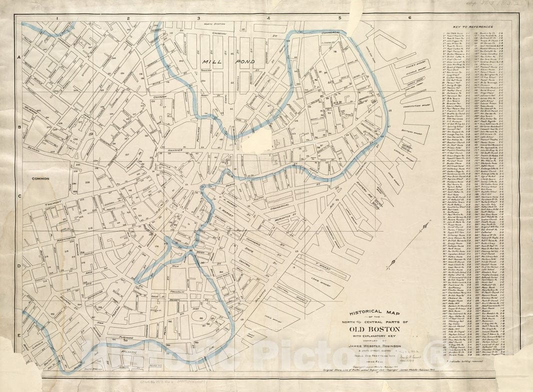 Historical Map, ca. 1913 Historical map of The North and Central Parts of Old Boston with exPlanatory Key, Vintage Wall Art