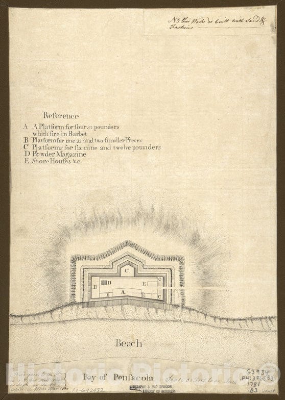 Historical Map, 1781 Bay of Pensacola, fortification, Vintage Wall Art