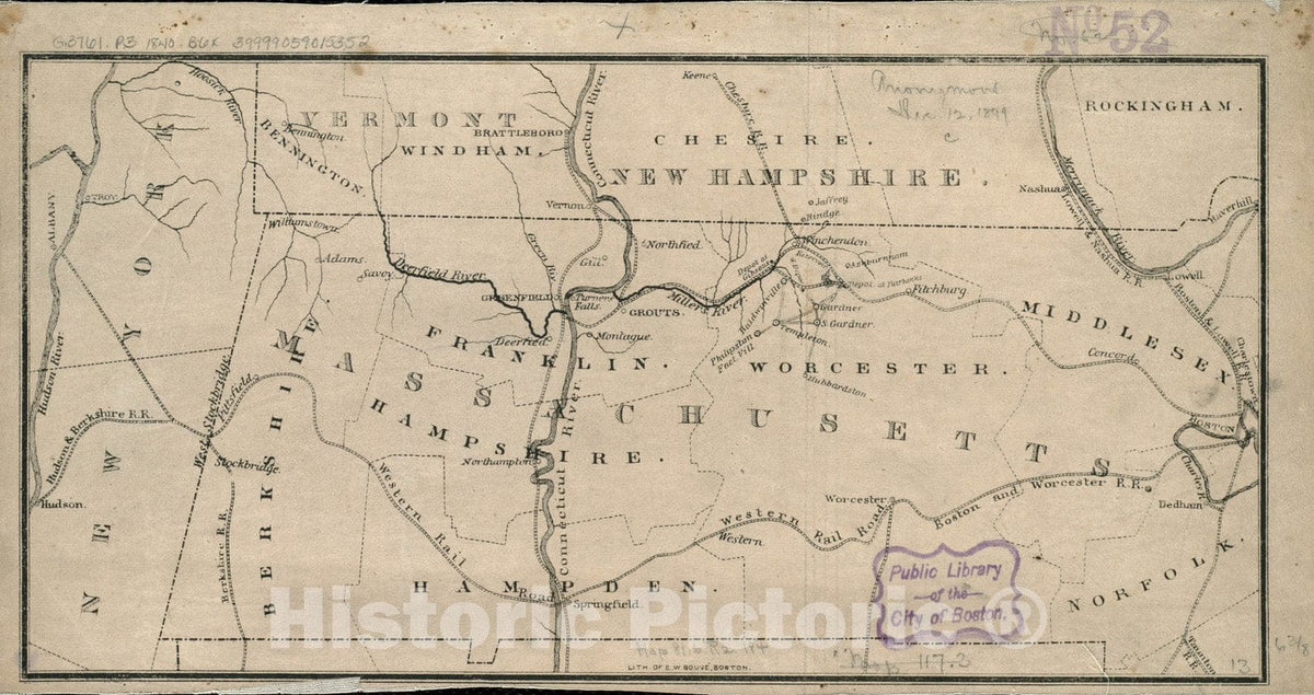 Historical Map, 1840-1849 [Map of The Railroads of Massachusetts Running west from Boston], Vintage Wall Art