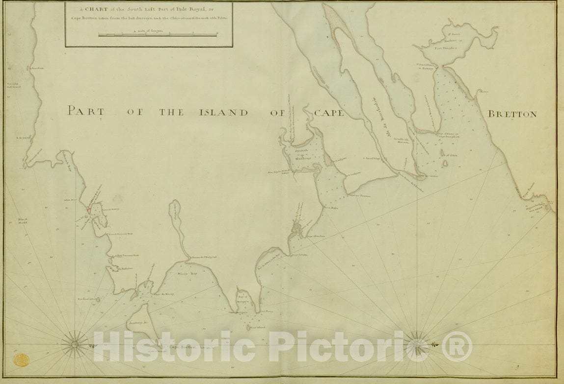 Historical Map, 1740-1758 The South East Pof l'Isle Royal, or Cape Bretton Taken from The Best Surveys, and The Observations of The Most able Pilots, Vintage Wall Art