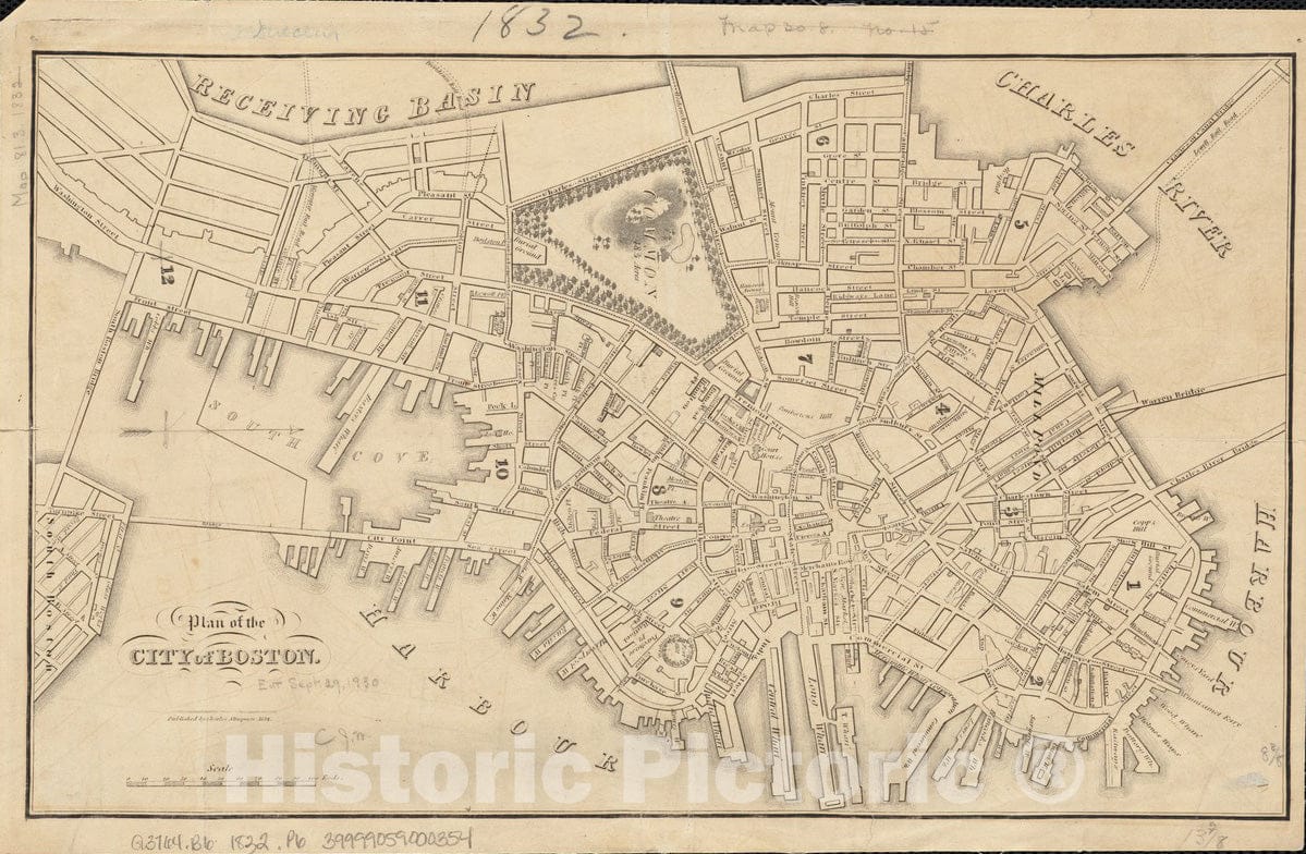 Historical Map, 1832 Plan of the city of Boston, Vintage Wall Art