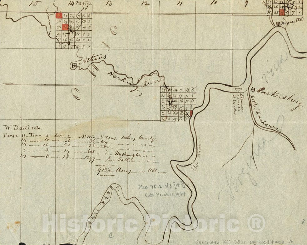 Historical Map, 1800-1899 [Map of W. Dall's Lots in Athens County, Washington County, and Gallia County, Ohio], Vintage Wall Art