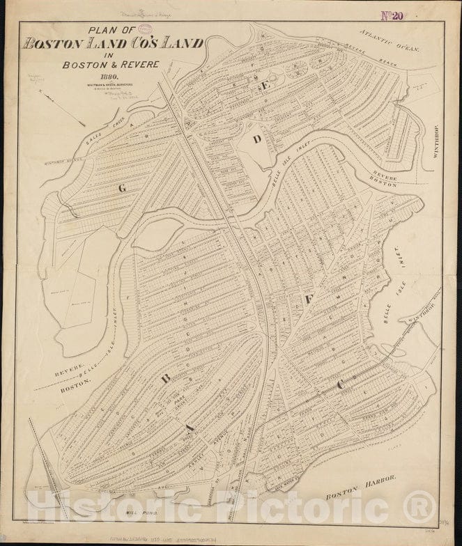 Historical Map, 1880 Plan of Boston Land Co's land in Boston & Revere, Vintage Wall Art