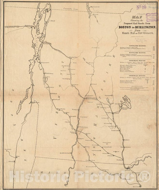 Historical Map, 1844 Map showing the proposed rail roads from Boston to Burlington, from Hale's map of New England, Vintage Wall Art