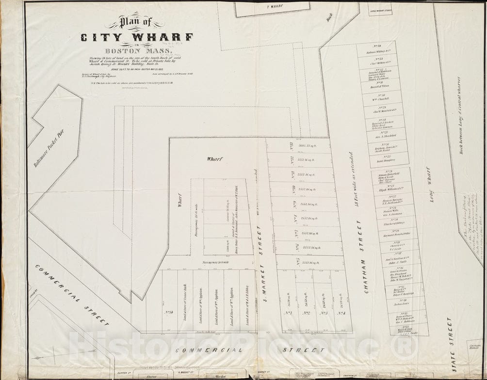 Historical Map, 1853 Plan of City Wharf in Boston, Mass : shewing 14 Lots of Land on The Side of The South Dock of Said Wharf & Commercial St. :, Vintage Wall Art