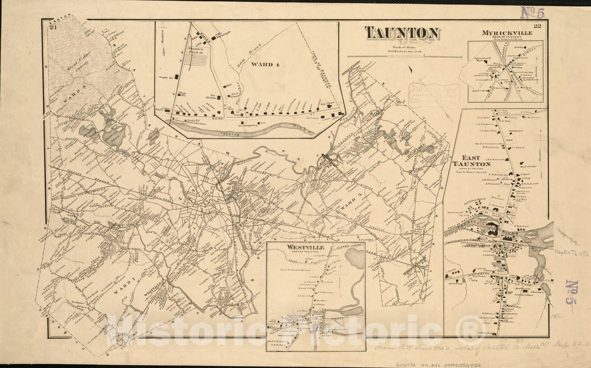 Historical Map, 1871 Taunton, Vintage Wall Art