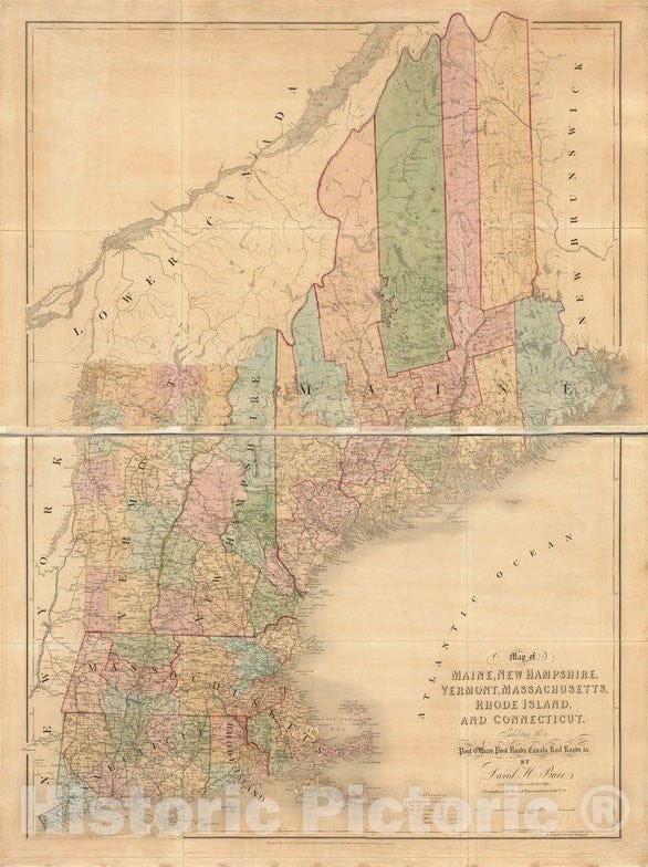 Historical Map, 1839 Map of Maine, New Hampshire, Vermont, Massachusetts, Rhode Island, and Connecticut : exhibiting the post offices, post roads, canals, rail roads, et cetera, Vintage Wall Art