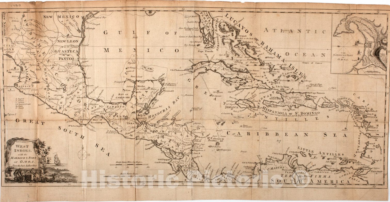 Historical Map, 1780 West Indies, with the harbour & fort of Omoa. From the best authorities, Vintage Wall Art