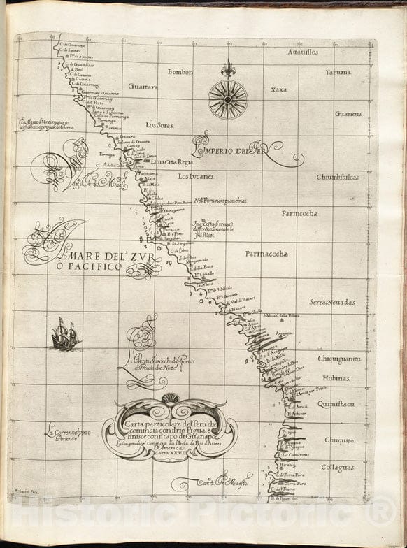 Historical Map, 1647 Carta particolare del' Peru Che comincia con il Rio Pigua eI' finisce con il Capo di Guanapo, Vintage Wall Art