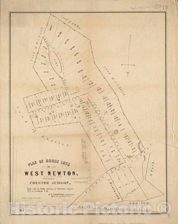 Historical Map, 1850-1859 Plan of House Lots in West Newton, Belonging to Chester Judson, to be Sold by Public Auction, on Thursday August 12th at 4 o'clock p.m, Vintage Wall Art