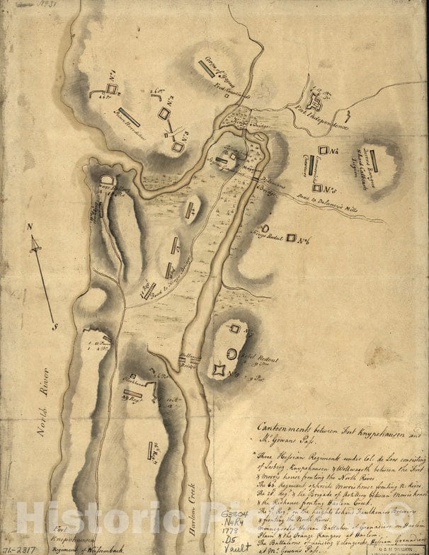 Historical Map, 1778 Disposition of British Troops, with fortifications North of Fort Knipehausen, i.e. Fort Washington to Fort Independence, Vintage Wall Art