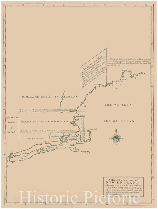Historical Map, ca. 1740 A Map of The Sea Coasts of New England According to The Actual Survey Made thereof by Cap.T Cyprian SOUTHACK, Vintage Wall Art