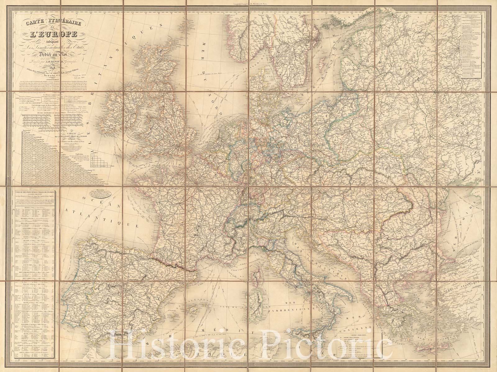 Historical Map, 1848 Carte itineIraire de l'Europe indiquant les limites actuelles des etats : deIdieIe au Roi, Vintage Wall Art